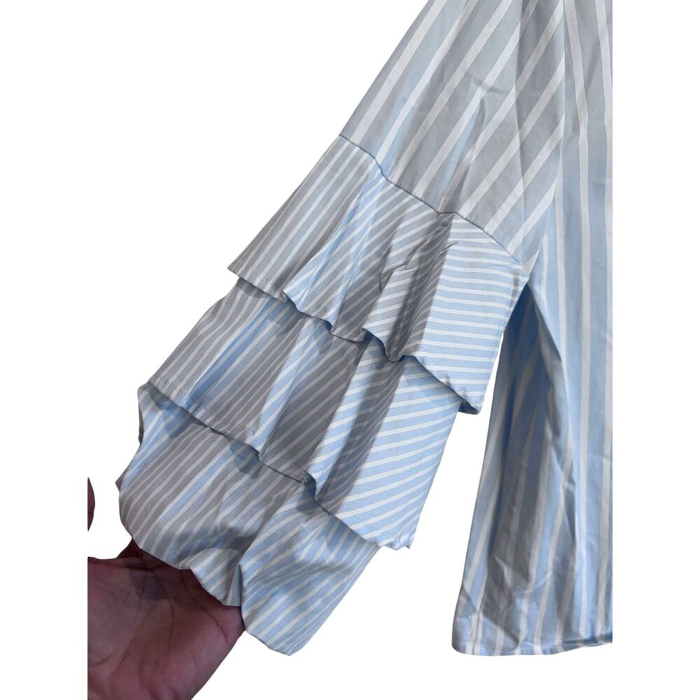 CeCe Blue White Stripe Ruffle Sleeve Blouse Peter Pan Collar M coastal preppy - Picture 8 of 8